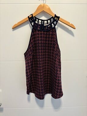 Monteau Navy & Maroon Lattice-Neck Printed Halter Tank